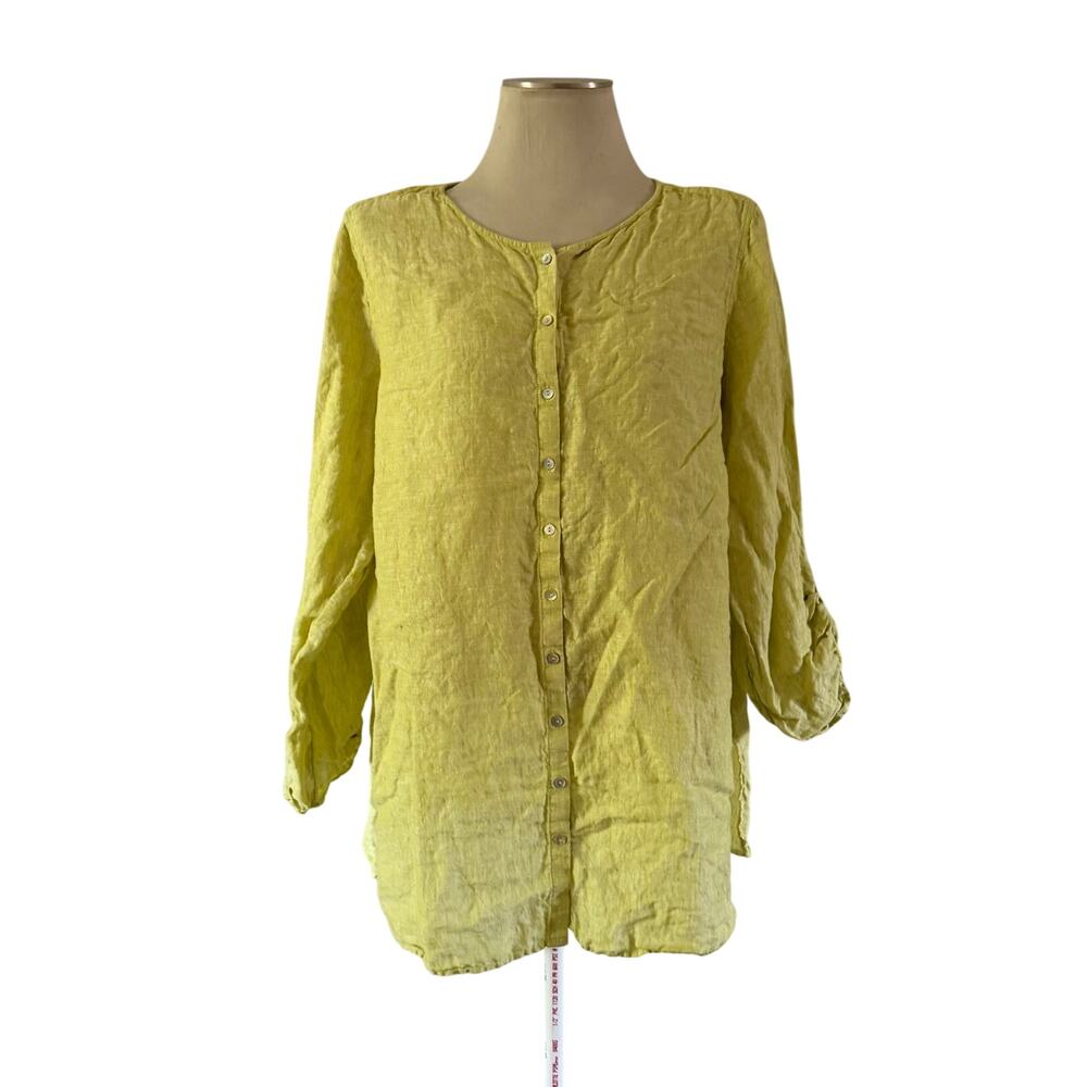 Tahari Bright Yellow Green 100% Linen Button Up Blouse Plus Size 1X Lightweight
